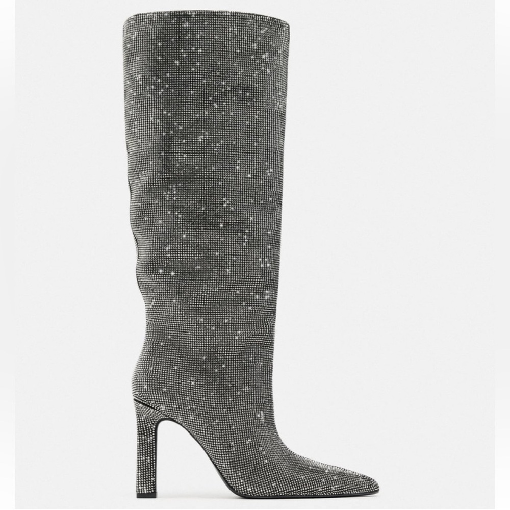 Zara NWT ✨ silver rhinestone Jeweled, sparkly bedazzled knee high heeled boots - Picture 3 of 6